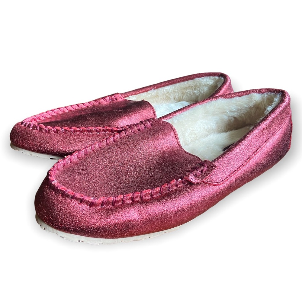 Clarks Loafer Slippers Leather Flats Faux Fur Lined Red Metallic Size 11